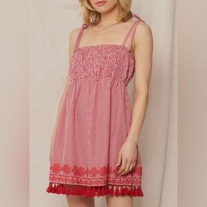 En Crème Gingham Print Square Neck Smocking Dress